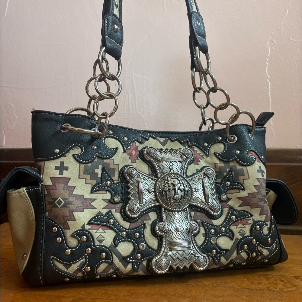 Black and Cream Shoulder Bag with Metal Cross